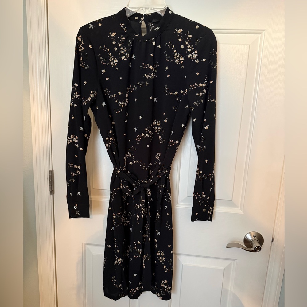 Black Floral Long-Sleeve Tie-Waist Dress